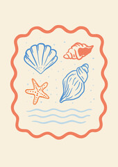 Collection of hand-drawn seashells and starfish in orange and blue inside wavy border on light background. Minimal tropical summer theme for to-do lists, journals, covers, or stickers.