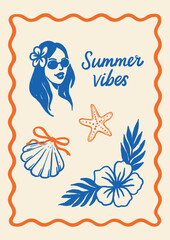 Colorful tropical composition with girl in sunglasses, shell with bow, hibiscus flower and starfish in wavy frame. Hand-drawn summer label for cards, posters, planners, and journals.