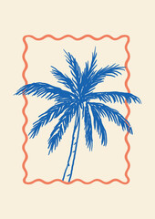 Blue palm tree sketch inside orange wavy border on light background. Minimal hand-drawn tropical summer motif for greeting cards, posters, labels, planners, or digital stickers.