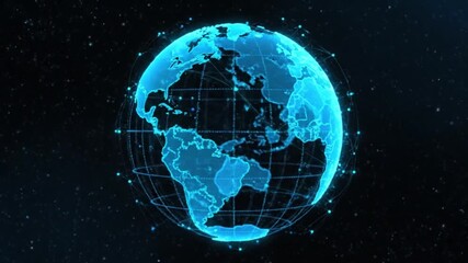 Rotating digital blue wireframe Earth globe with glowing network connections loop. - Powered by Adobe