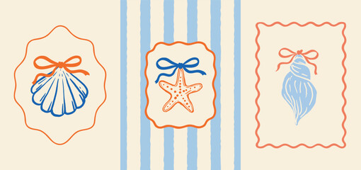 Three decorative wavy labels in coral and blue tones. Includes scallop shell, starfish, and spiral shell with ribbon bows. Ideal for summer tags, greeting cards, packaging or journals.