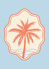 Minimal palm tree sketch in coral color inside a soft wavy badge on pastel blue background. Summer tropical vibe for journals, to-do lists, travel planners, greeting cards, or sticker sets.