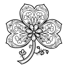 St. Patrick&rsquo;s Day Shamrock Line Art. This black-and-white line illustration features a delicate shamrock, perfect for St. Patrick&rsquo;s Day coloring pages. With intricate patterns and a clean white 
