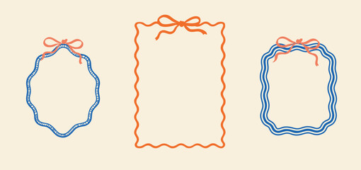 Three wavy outline frames decorated with coral bows. Includes simple line designs in blue and orange. Great for summer labels, greeting cards, invites, packaging, or journaling.