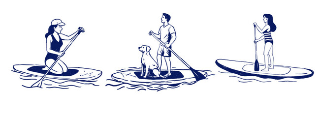 Three line art illustrations of people paddleboarding: kneeling woman, standing woman, and man with dog on a SUP board. Summer outdoor theme, minimal style on white background.