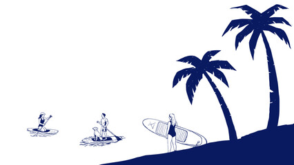 Line art of a beach scene with people paddleboarding, including a man with a dog, a woman kneeling on a board, and another standing with a SUP board near palm trees. Clean outline on white.