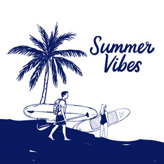 Line art beach scene with a man and woman walking with SUP boards under a palm tree. Includes &ldquo;Summer Vibes&rdquo; lettering. Simple summer vacation composition on white background.