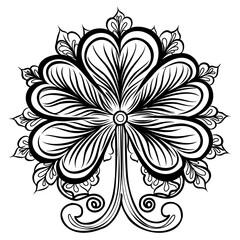 St. Patrick&rsquo;s Day Shamrock Line Art. This black-and-white line illustration features a delicate shamrock, perfect for St. Patrick&rsquo;s Day coloring pages. With intricate patterns and a clean white 