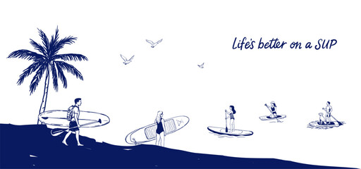 Line art beach scene with paddleboarders, a dog, palm tree, flying birds and quote "Life's better on a SUP". People stand or kneel on boards. Clean minimalist outline on white background.