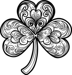 St. Patrick&rsquo;s Day Shamrock Line Art. This black-and-white line illustration features a delicate shamrock, perfect for St. Patrick&rsquo;s Day coloring pages. With intricate patterns and a clean white 