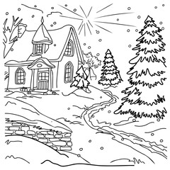 Black and white line art illustration of a cozy winter village house surrounded by snowy pine trees, a small bridge, and a winding path. This detailed hand-drawn illustration is created specifically f