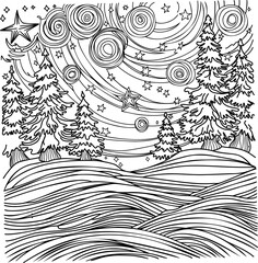 Black and white line art illustration of a cozy winter village house surrounded by snowy pine trees, a small bridge, and a winding path. This detailed hand-drawn illustration is created specifically f