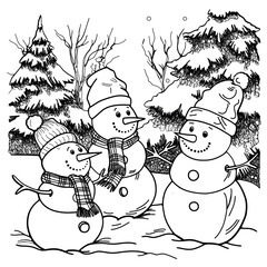 black and white line art illustration features three cheerful snowmen standing together in a winter forest scene. The snowmen are drawn with friendly smiles, round bodies, carrot noses, and simple dot