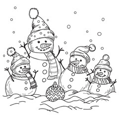 black and white line art illustration features three cheerful snowmen standing together in a winter forest scene. The snowmen are drawn with friendly smiles, round bodies, carrot noses, and simple dot