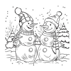 black and white line art illustration features three cheerful snowmen standing together in a winter forest scene. The snowmen are drawn with friendly smiles, round bodies, carrot noses, and simple dot