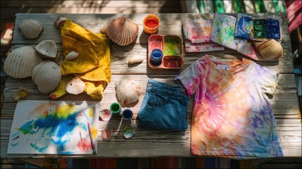 Colorful child's art supplies and clothing on a wooden table