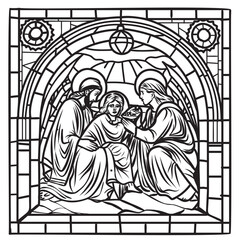 Fototapeta premium black and white line art illustration depicts a sacred biblical scene inspired by classical Christian iconography. The composition shows Jesus Christ gently blessing or comforting a kneeling woman, tr