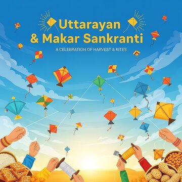 Uttarayan Makar Sankranti Kite Festival Pixel Art Celebration with Colorful Kites Sky and Traditional Treats