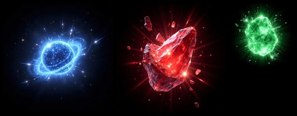 A collection of glowing spheres emitting light and energy effects.