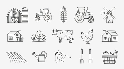 Farm icons set with barn tractor cow chicken and windmill. © Dita