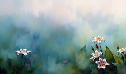 Serene digital painting of delicate white flowers with green leaves against a soft, ethereal background of blue and green hues.