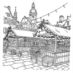 Black and white line art illustration of a cozy winter village house surrounded by snowy pine trees, a small bridge, and a winding path. This detailed hand-drawn illustration is created specifically f