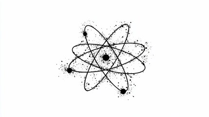 Black atomic structure orbits on white, particle dispersal, science education visual aid