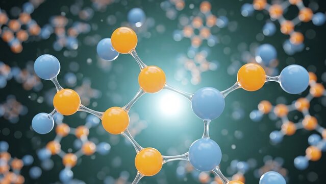Close-up abstract molecular structure with blue and orange spheres and translucent connections - Powered by Adobe