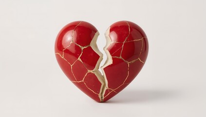 A broken heart with golden threads. The heart is in two pieces