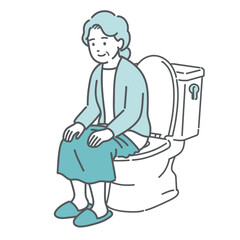 トイレに座ってリラックスしている高齢女性のイラスト（快便・排泄・介護）