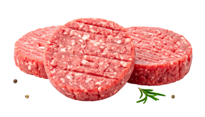Three raw, round meat patties, with grill marks, peppercorns, and herb sprig