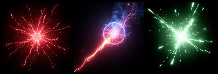 Collection of vibrant light effects resembling explosions and a glowing ball, creating dynamic visual impact.