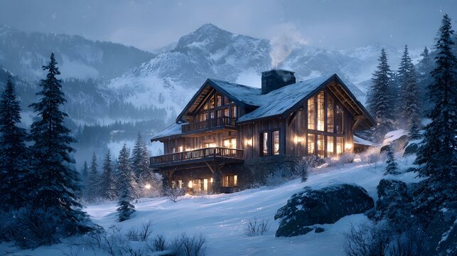 Grand wooden ski lodge nestled in the mountains during a snowstorm with warm inviting light glowing from the windows and smoke from chimney.