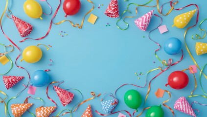 Colorful Party decorations on a vibrant blue background, ready for a special occasion