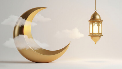 golden crescent moon with hanging lantern and white clouds in serene minimalist Islamic background
