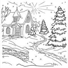 Black and white line art illustration of a cozy winter village house surrounded by snowy pine trees, a small bridge, and a winding path. This detailed hand-drawn illustration is created specifically f