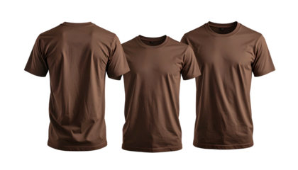 Three brown blank t-shirts displayed; front, back, and slightly angled