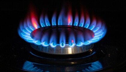 Bright Blue and Red Gas Stove Flame in the Dark