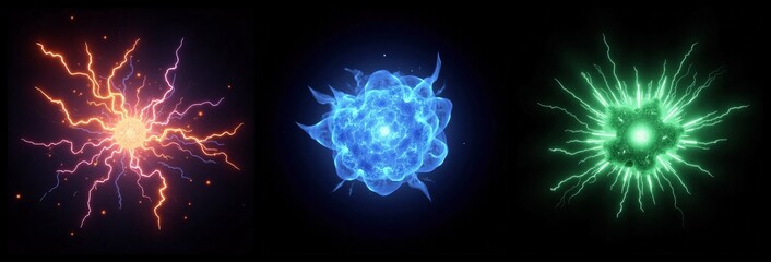 Collection of glowing light effects resembling a cosmic blast, with vibrant colors and dynamic energy bursts.