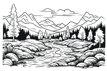 Black and white line art illustration of a cozy winter village house surrounded by snowy pine trees, a small bridge, and a winding path. This detailed hand-drawn illustration is created specifically f