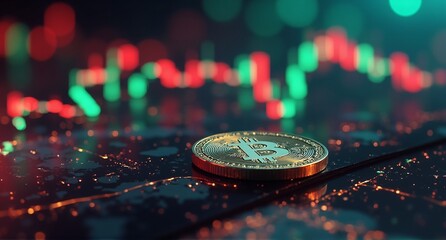 A glowing digital coin rests on a data-rich surface, with abstract market charts showing upward and downward trends in the background.