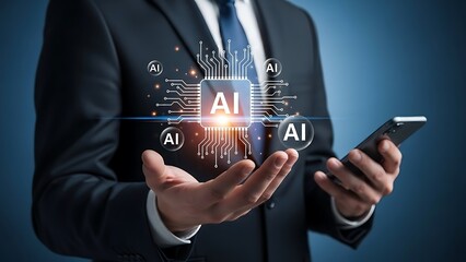 A businessman interacts with artificial intelligence technology on a mobile device, showcasing futuristic innovation and digital advancements.