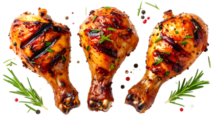 Three cooked chicken drumsticks with grill marks and herb garnish on a transparent background