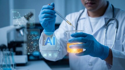 Scientist in lab coat and blue gloves working with beaker and test tube, adding yellow liquid, ai concept, laboratory research, medical technology, innovation, science