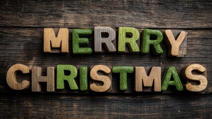 Fototapeta premium Colorful Wooden Letters Displaying Merry Christmas on Rustic Wooden Surface for Holiday Decoration and Celebration