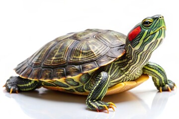 Fototapeta premium Small green parakeet standing in profile on a plain white background