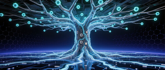Futuristic tree digital tree glowing circuit cyberpunk blue neon technology motherboard artificial intelligence grows as radiant network of roots