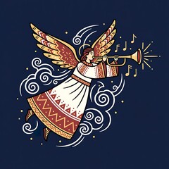 Stylized Christmas Angel Illustration in Ethnic Dress Playing Trumpet with Musical Notes on Dark Blue Background