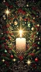 Festive Christmas Still Life with Burning Candle Surrounded by Decorated Evergreen Wreath and Glowing Stars