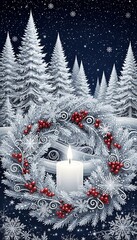 Atmospheric Christmas Illustration of a Burning White Candle Inside a Snowy Wreath with Red Berries